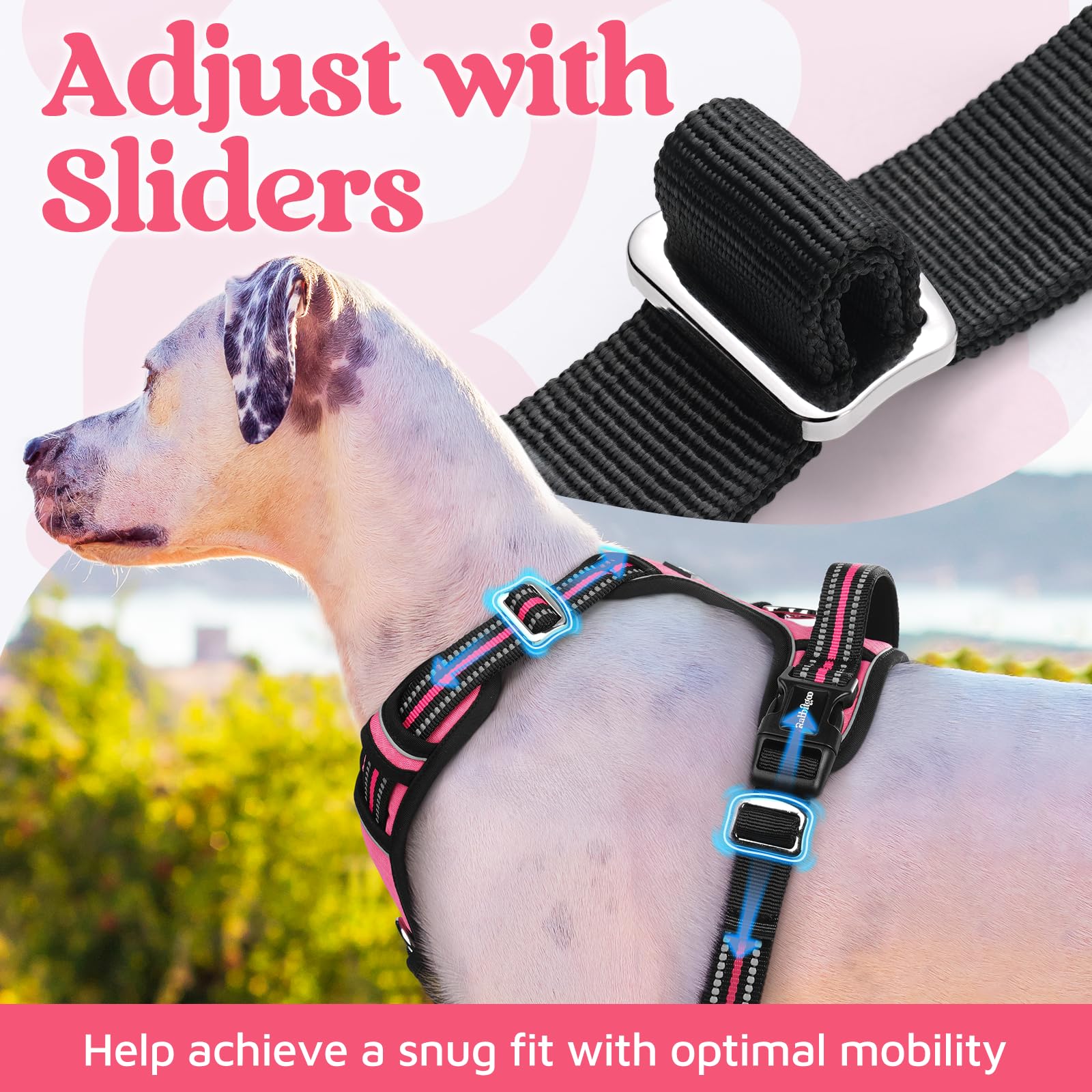 rabbitgoo Medium Dog Harness Pink – 3-Buckle No-Pull Vest with Control Handle & Reflective Strips