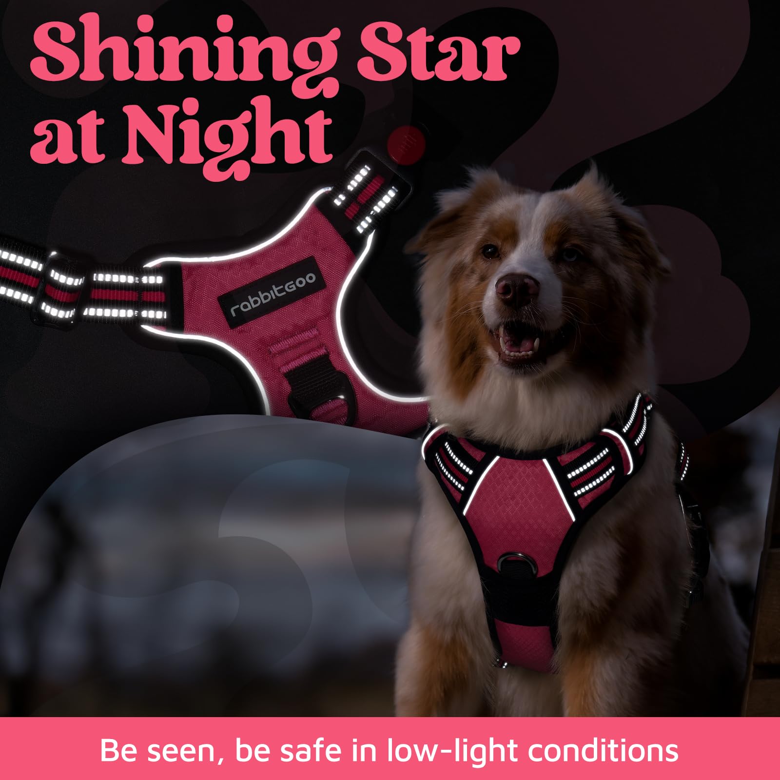 rabbitgoo Medium Dog Harness Pink – 3-Buckle No-Pull Vest with Control Handle & Reflective Strips