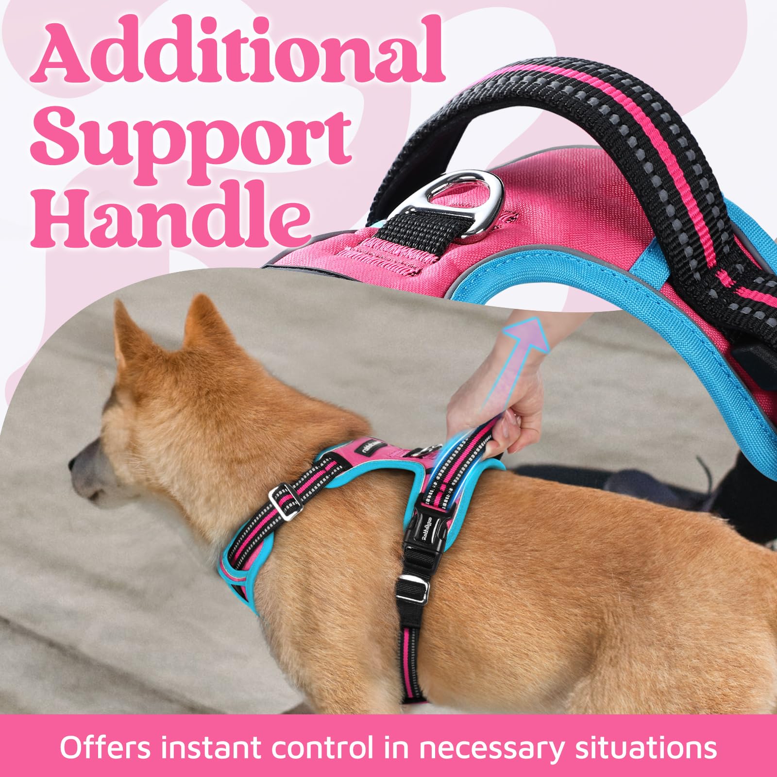 rabbitgoo Small Dog Harness - 3-Buckle No-Pull Vest with Control Handle, Reflective, Rose Pink & Blue