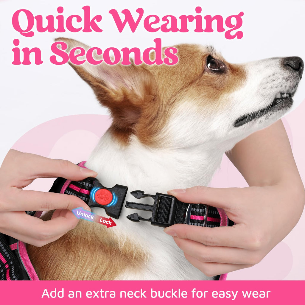 rabbitgoo Small Dog Harness – 3-Buckle No-Pull Vest with Soft Padding, Reflective Strips, and Control Handle (Black & Rose Pink)
