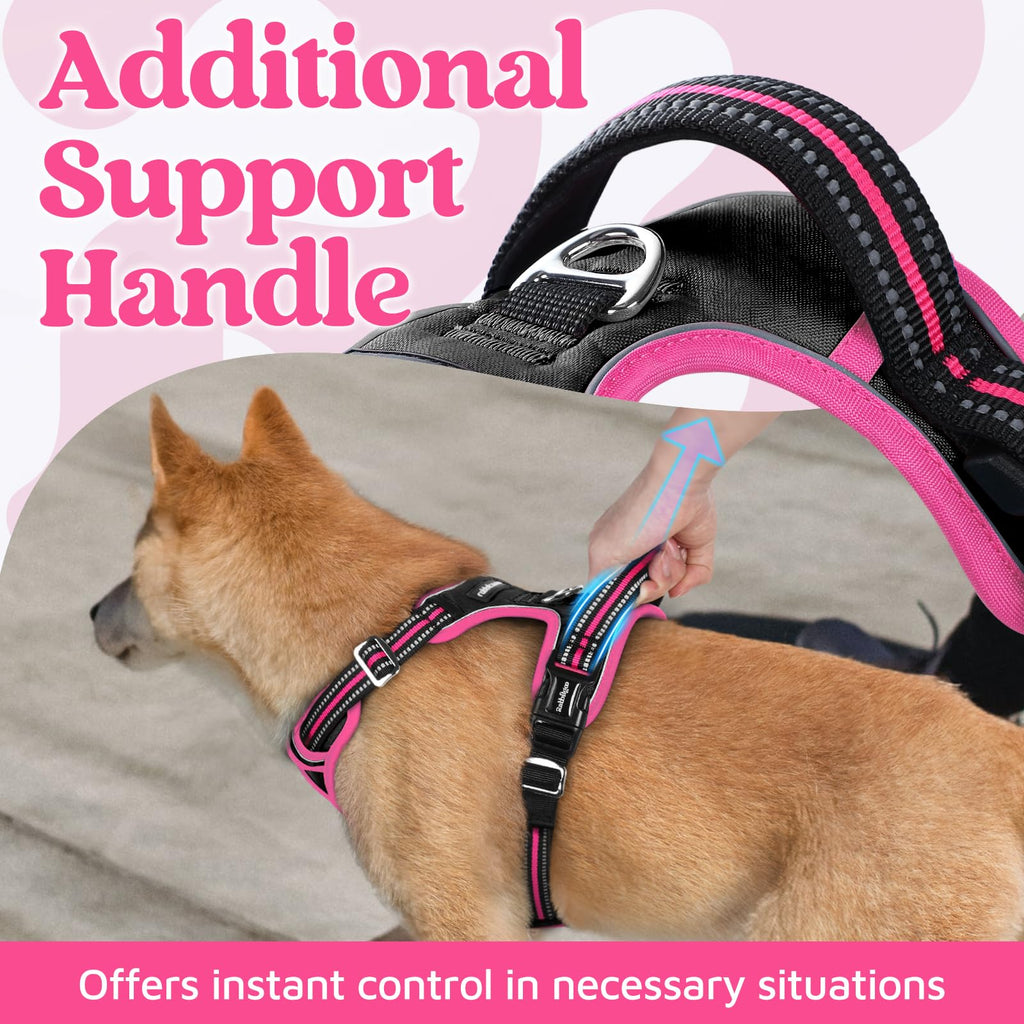 rabbitgoo Small Dog Harness – 3-Buckle No-Pull Vest with Soft Padding, Reflective Strips, and Control Handle (Black & Rose Pink)
