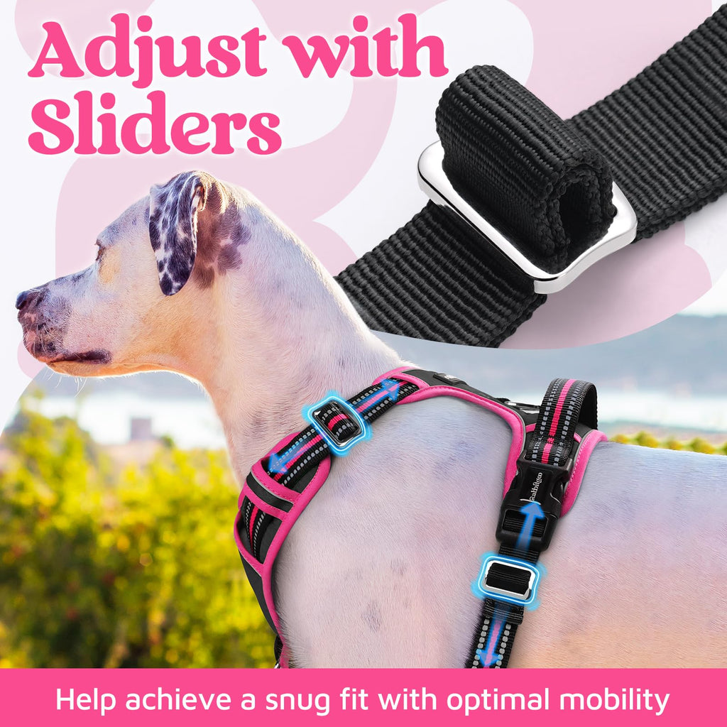 rabbitgoo Small Dog Harness – 3-Buckle No-Pull Vest with Soft Padding, Reflective Strips, and Control Handle (Black & Rose Pink)