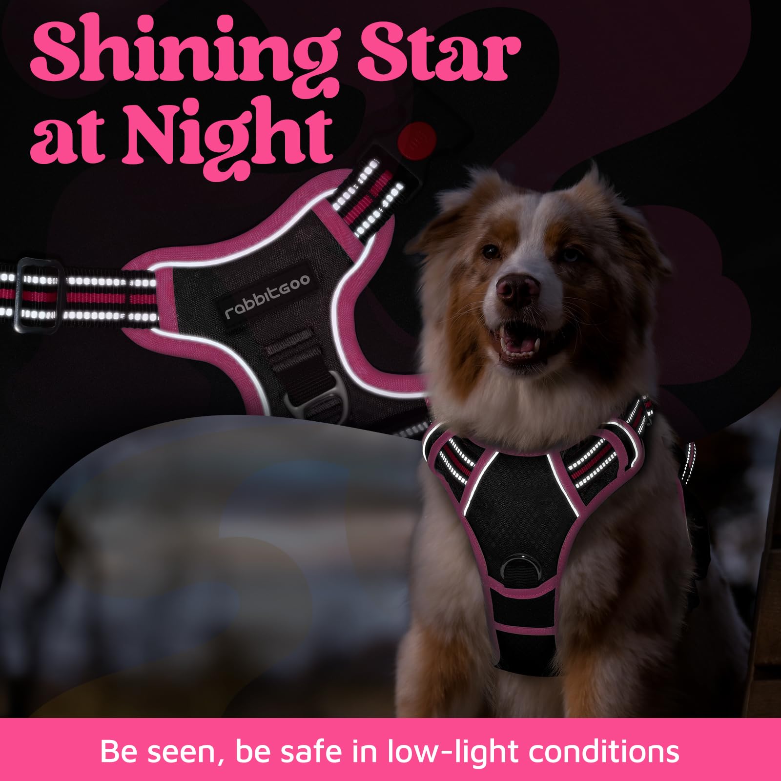 rabbitgoo Small Dog Harness – 3-Buckle No-Pull Vest with Soft Padding, Reflective Strips, and Control Handle (Black & Rose Pink)