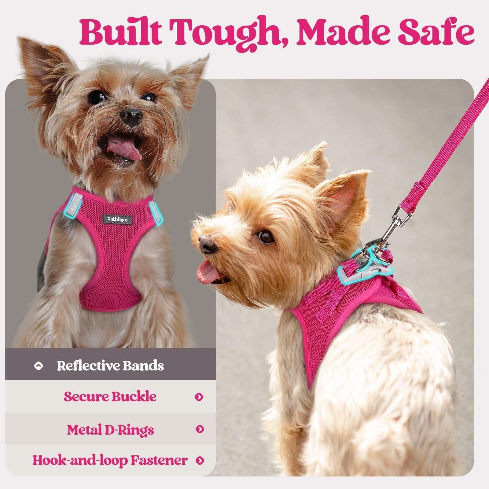 rabbitgoo Small Dog Harness & Leash Set – Step-in Vest, Breathable Mesh, Reflective, Rose Red (Size S)