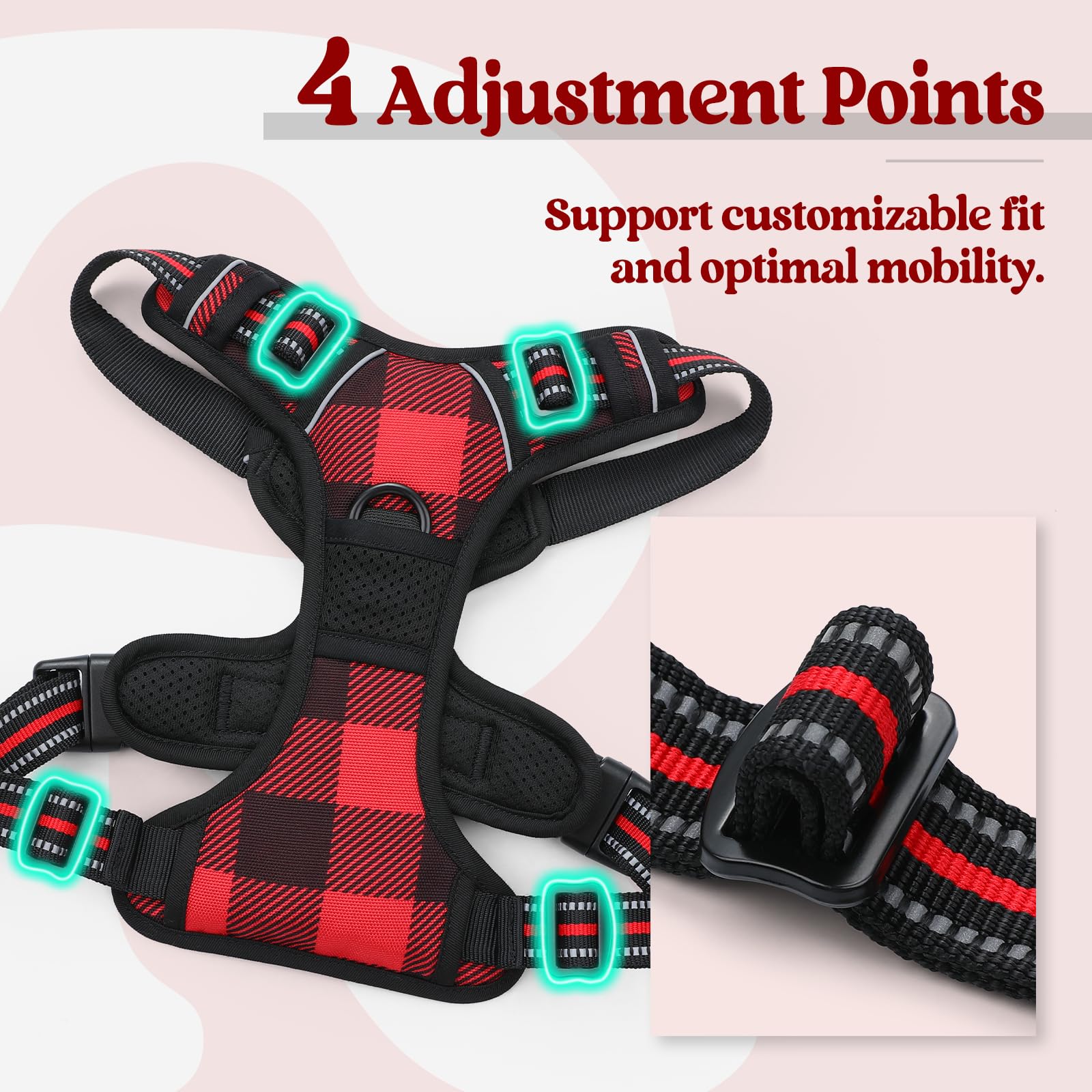 rabbitgoo Small Dog Harness No Pull Checkered Red Plaid S - Adjustable Padded Vest with Handle