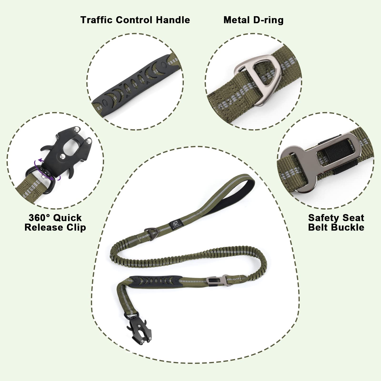 Raipult Heavy Duty Tactical Dog Leash with Shock Absorbing Bungee, 2 Handles & Quick Release Clip – For Medium to Large Dogs (Ranger Green)
