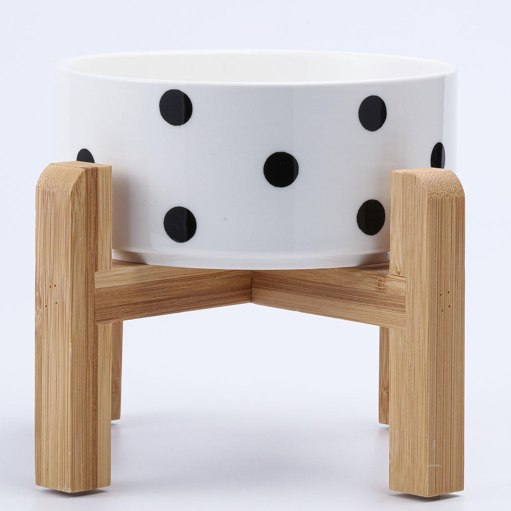 Raised Ceramic Pet Bowl by Petygooing – 1.7 Cup Capacity, Bamboo Stand, Non-Slip, Black Dot Design