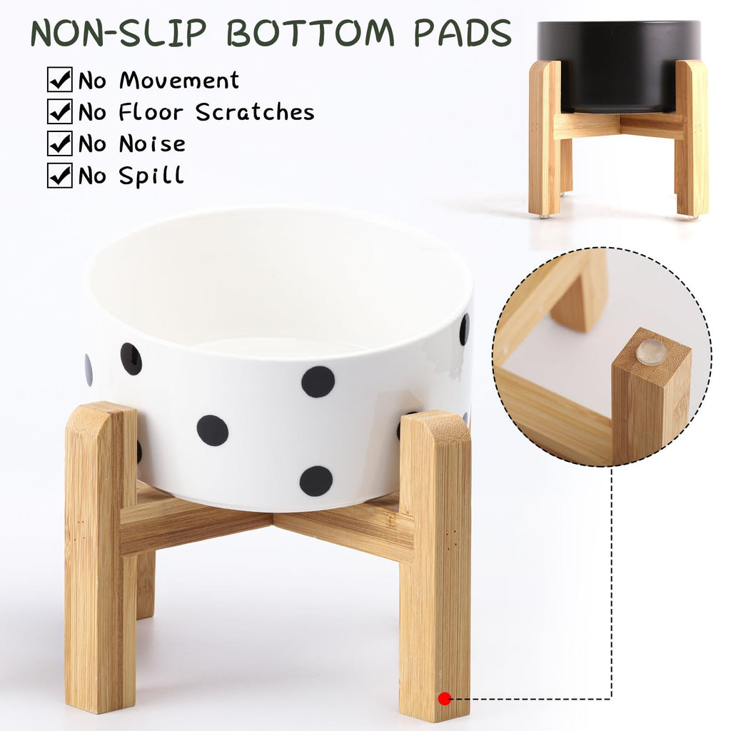 Raised Ceramic Pet Bowl by Petygooing – 1.7 Cup Capacity, Bamboo Stand, Non-Slip, Black Dot Design