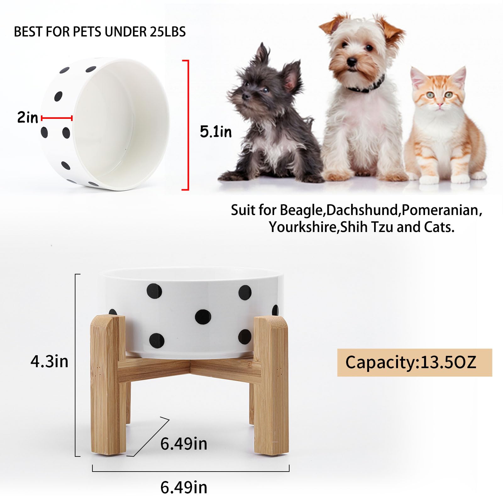 Raised Ceramic Pet Bowl by Petygooing – 1.7 Cup Capacity, Bamboo Stand, Non-Slip, Black Dot Design