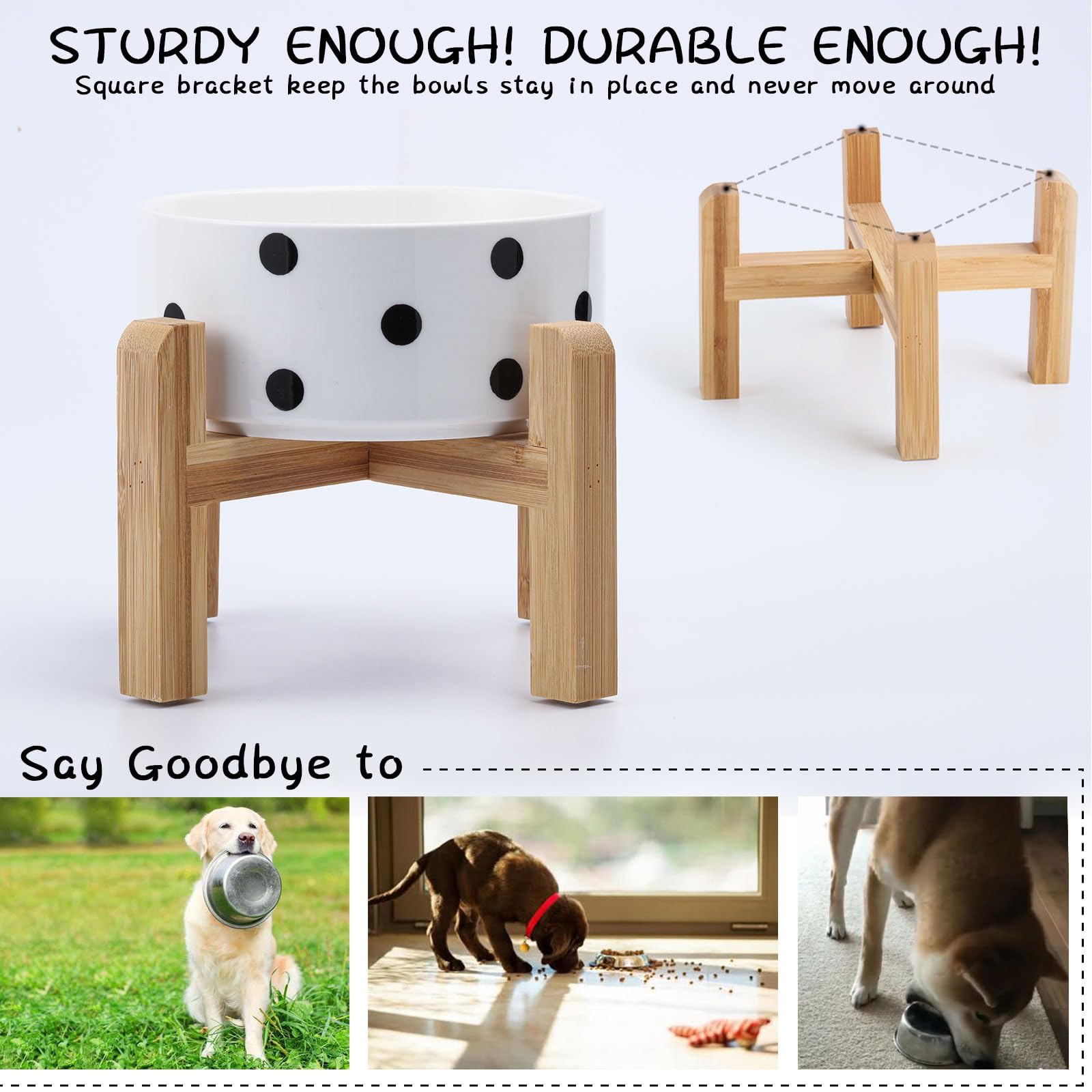 Raised Ceramic Pet Bowl by Petygooing – 1.7 Cup Capacity, Bamboo Stand, Non-Slip, Black Dot Design