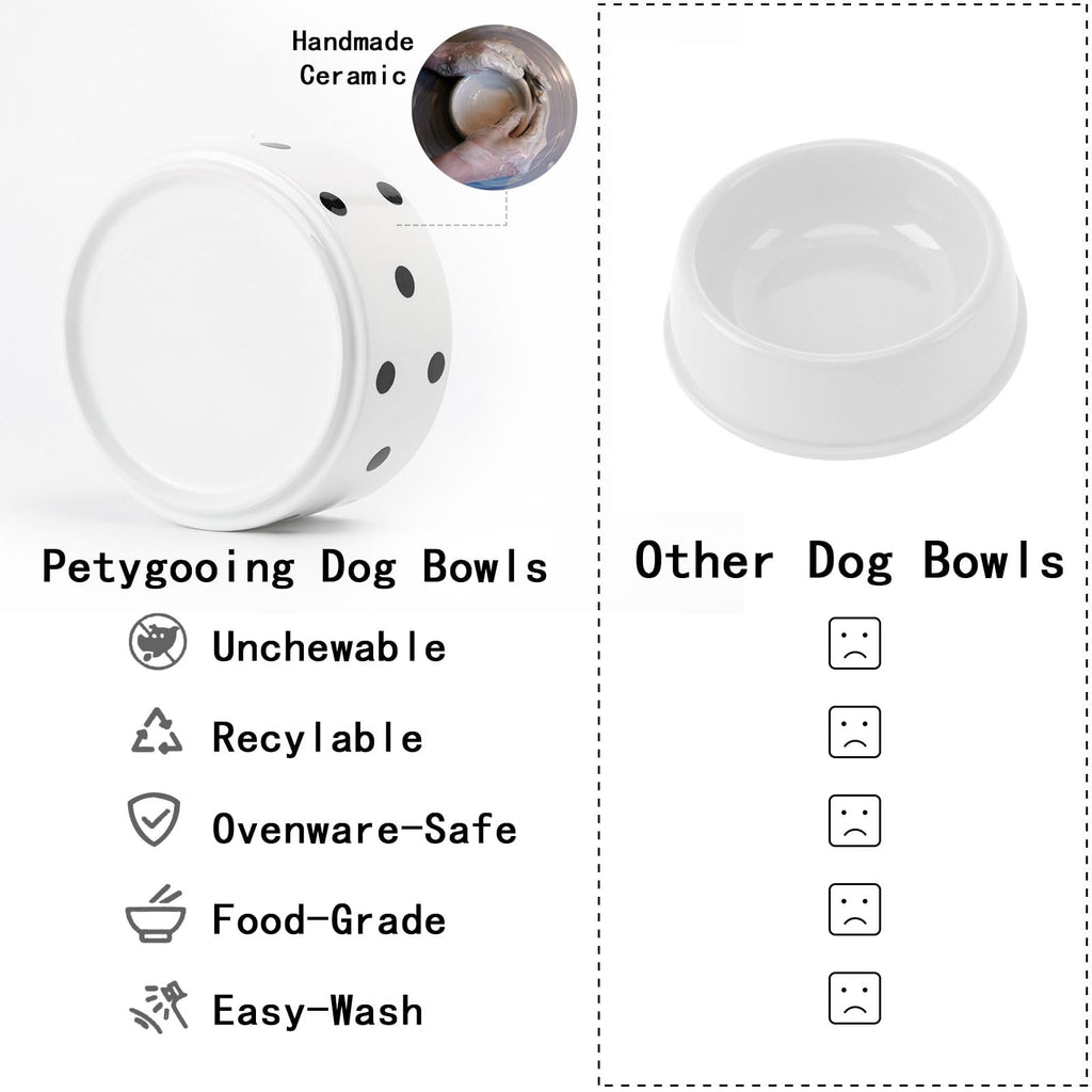 Raised Ceramic Pet Bowl by Petygooing – 1.7 Cup Capacity, Bamboo Stand, Non-Slip, Black Dot Design