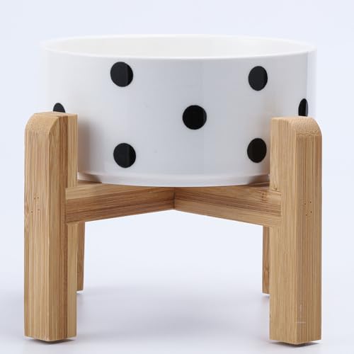 Raised Ceramic Pet Bowl by Petygooing – 1.7 Cup Capacity, Bamboo Stand, Non-Slip, Black Dot Design