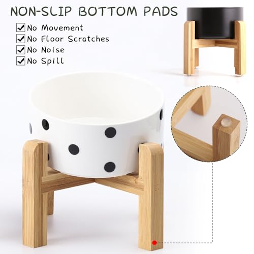 Raised Ceramic Pet Bowl by Petygooing – 1.7 Cup Capacity, Bamboo Stand, Non-Slip, Black Dot Design