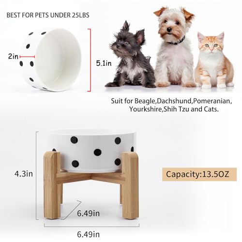 Raised Ceramic Pet Bowl by Petygooing – 1.7 Cup Capacity, Bamboo Stand, Non-Slip, Black Dot Design