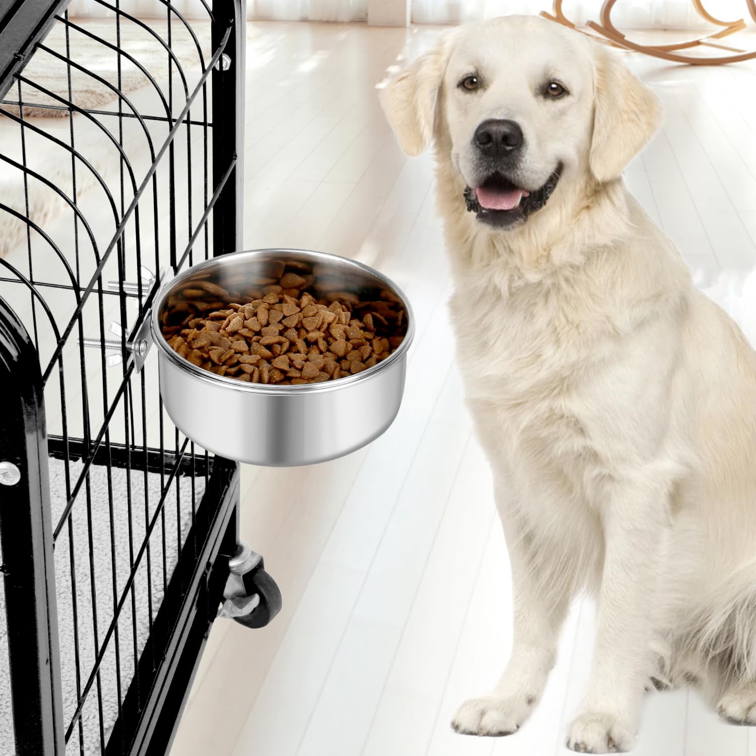 Reshiho Stainless Steel Hanging Dog Bowls for Cages - Large 2-Pack Food and Water Bowls