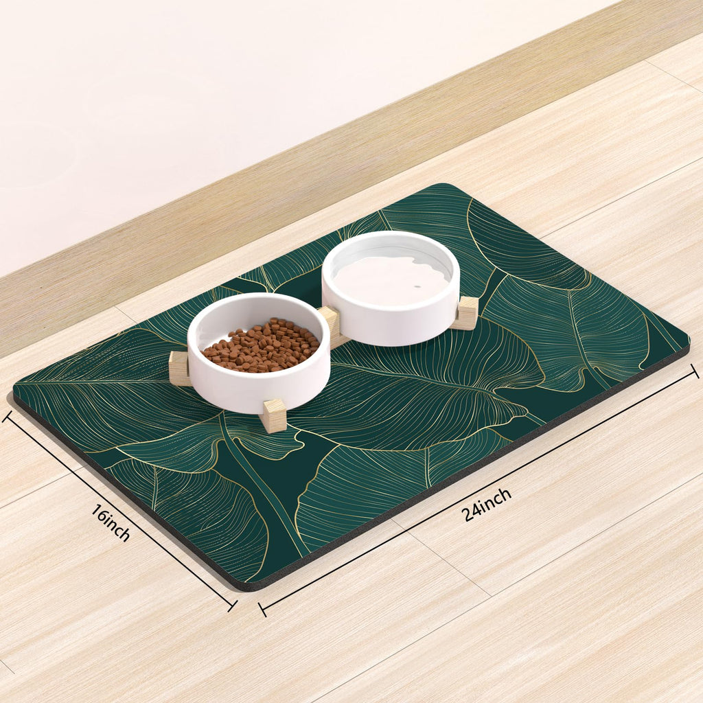 Rnivvi 16x24 Absorbent Dog Food Mat – Tropical Palm Leaves, Anti-Slip Rubber, Machine Washable