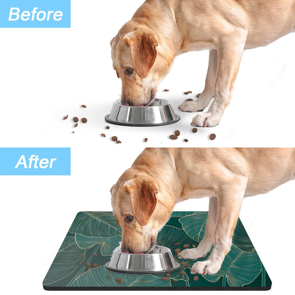 Rnivvi 16x24 Absorbent Dog Food Mat – Tropical Palm Leaves, Anti-Slip Rubber, Machine Washable