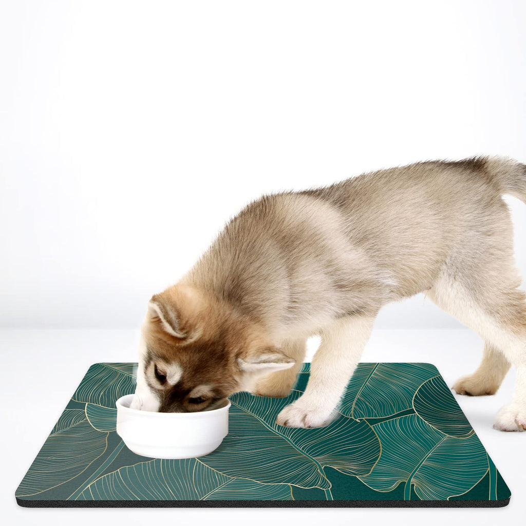 Rnivvi 16x24 Absorbent Dog Food Mat – Tropical Palm Leaves, Anti-Slip Rubber, Machine Washable