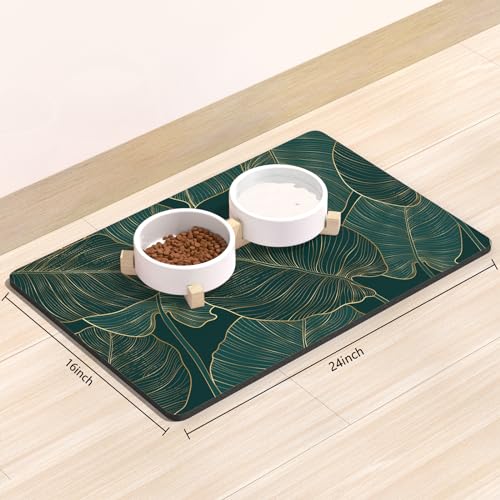 Rnivvi 16x24 Absorbent Dog Food Mat – Tropical Palm Leaves, Anti-Slip Rubber, Machine Washable