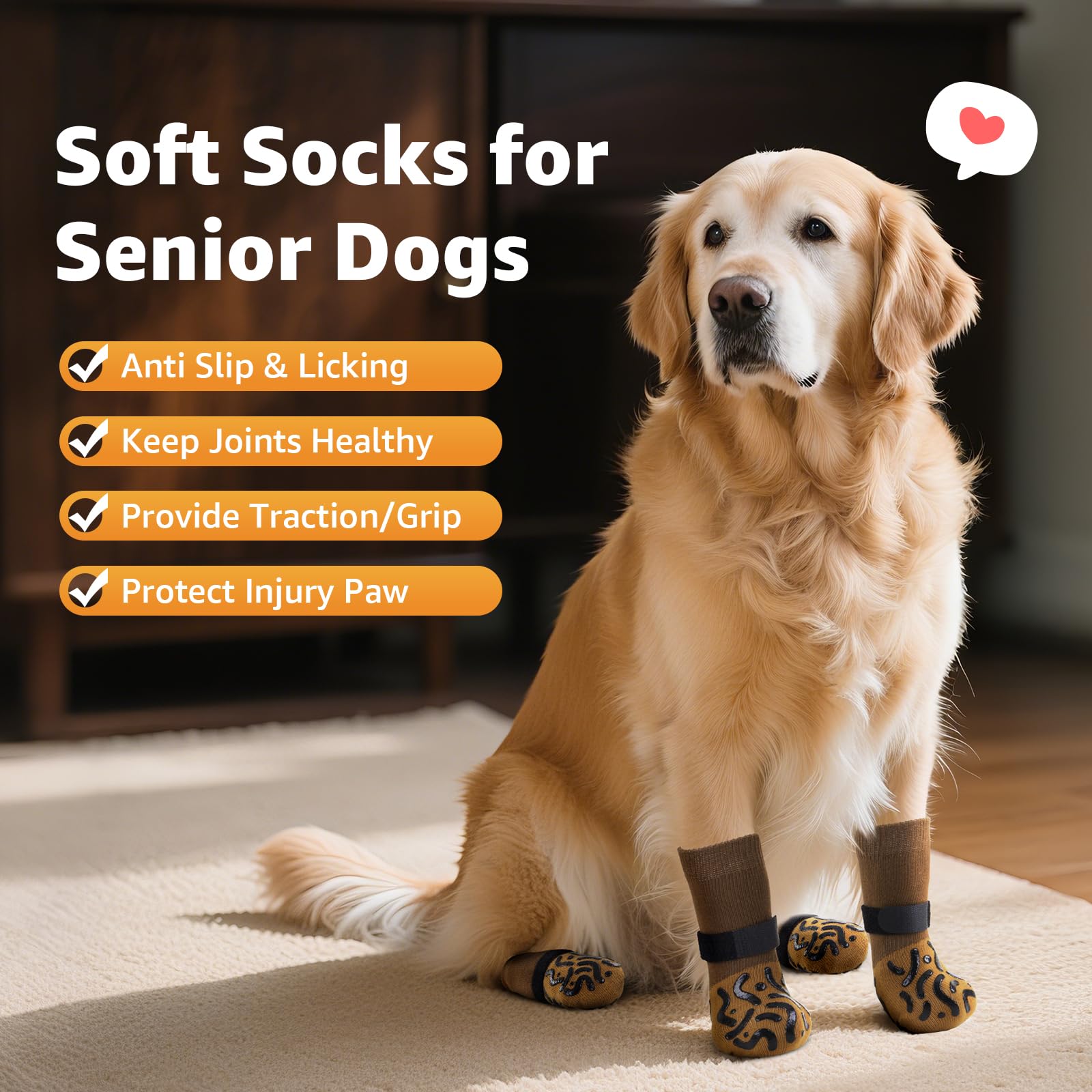 Roilpet Large Dog Socks with Double-Sided Grip – Non-Slip Paw Protectors for Senior Dogs, Pack of 4, Caramel