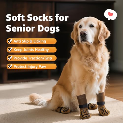 Roilpet Non-Slip Dog Socks for Licking Prevention, Traction on Hardwood Floors, Paw Protector for Senior Dogs, Size Medium (Pack of 4)