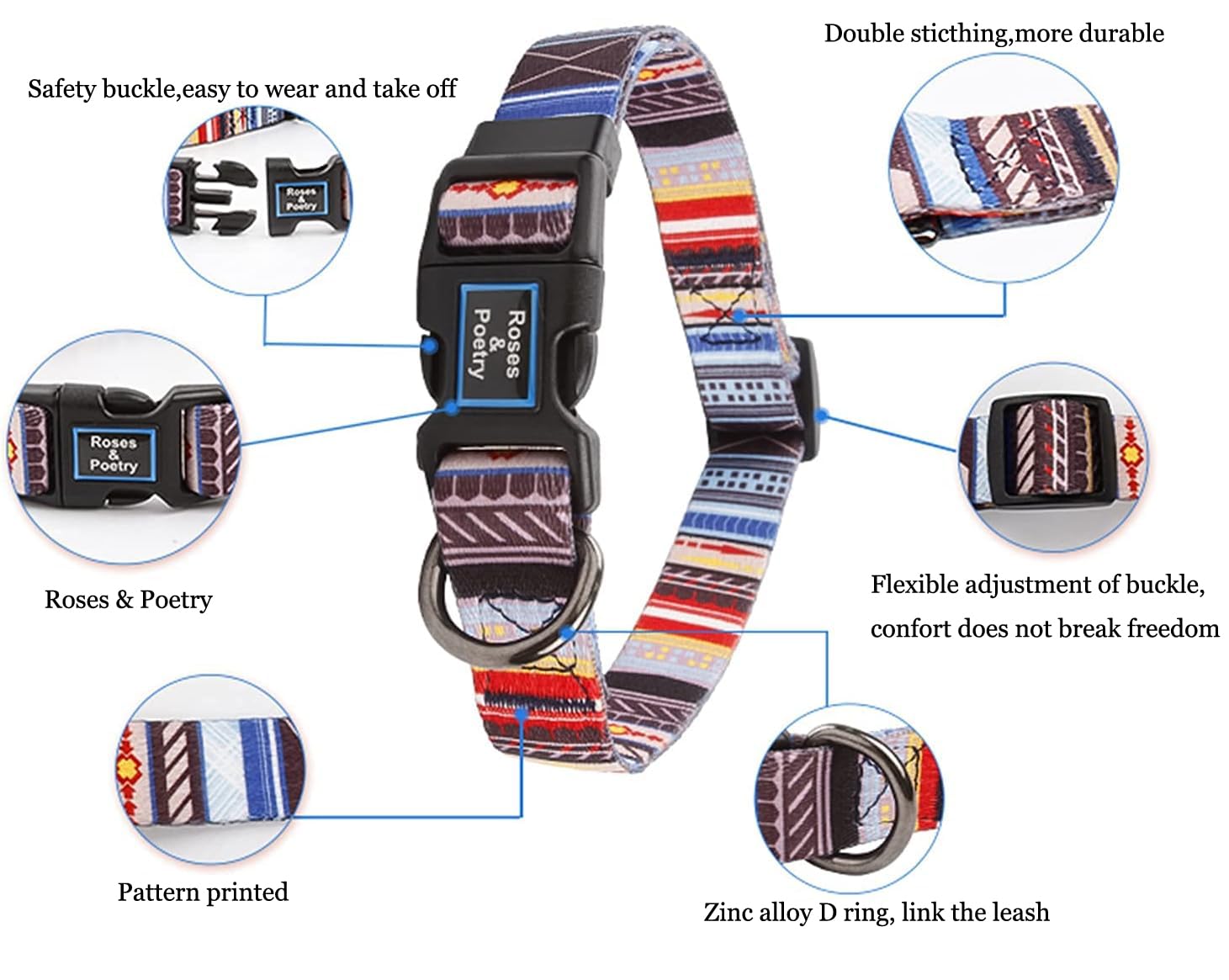 Roses&Poetry Blue-Stripe Adjustable Dog Collar for Extra Small Dogs – Lightweight Polyester with Quick Release Buckle