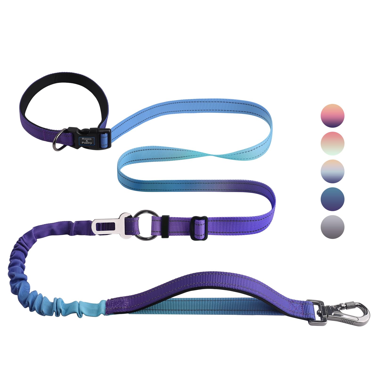 Roses&Poetry Hands-Free Bungee Dog Leash for Medium to Large Dogs – Heavy Duty No-Pull Waist Leash with Dual Handles and Car Seatbelt Clip, 4-6FT, Violet