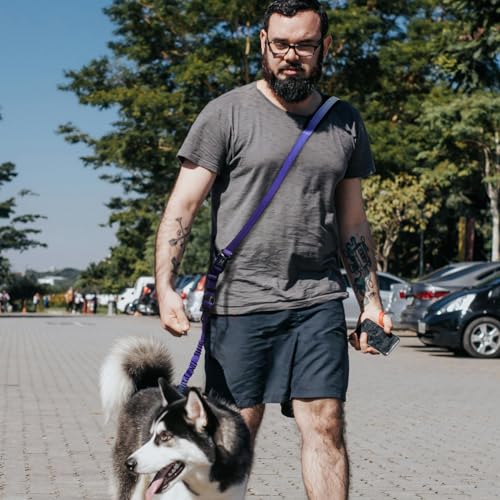 Roses&Poetry Hands-Free Bungee Dog Leash for Medium to Large Dogs – Heavy Duty No-Pull Waist Leash with Dual Handles and Car Seatbelt Clip, 4-6FT, Violet