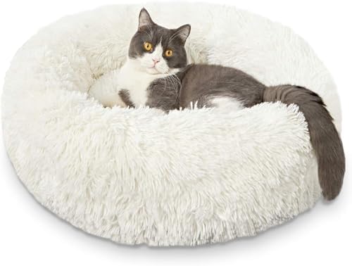 Round Fluffy Plush Faux Fur Pet Bed for Cats and Small Dogs – 24 Inches, Washable, Anti-Anxiety Donut Design
