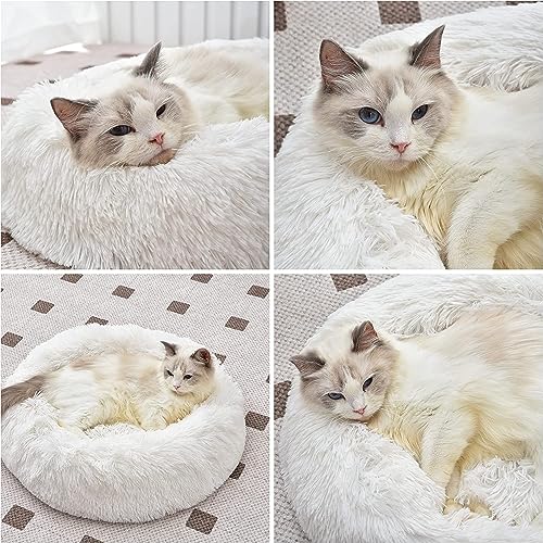 Round Fluffy Plush Faux Fur Pet Bed for Cats and Small Dogs – 24 Inches, Washable, Anti-Anxiety Donut Design