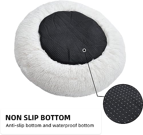 Round Fluffy Plush Faux Fur Pet Bed for Cats and Small Dogs – 24 Inches, Washable, Anti-Anxiety Donut Design