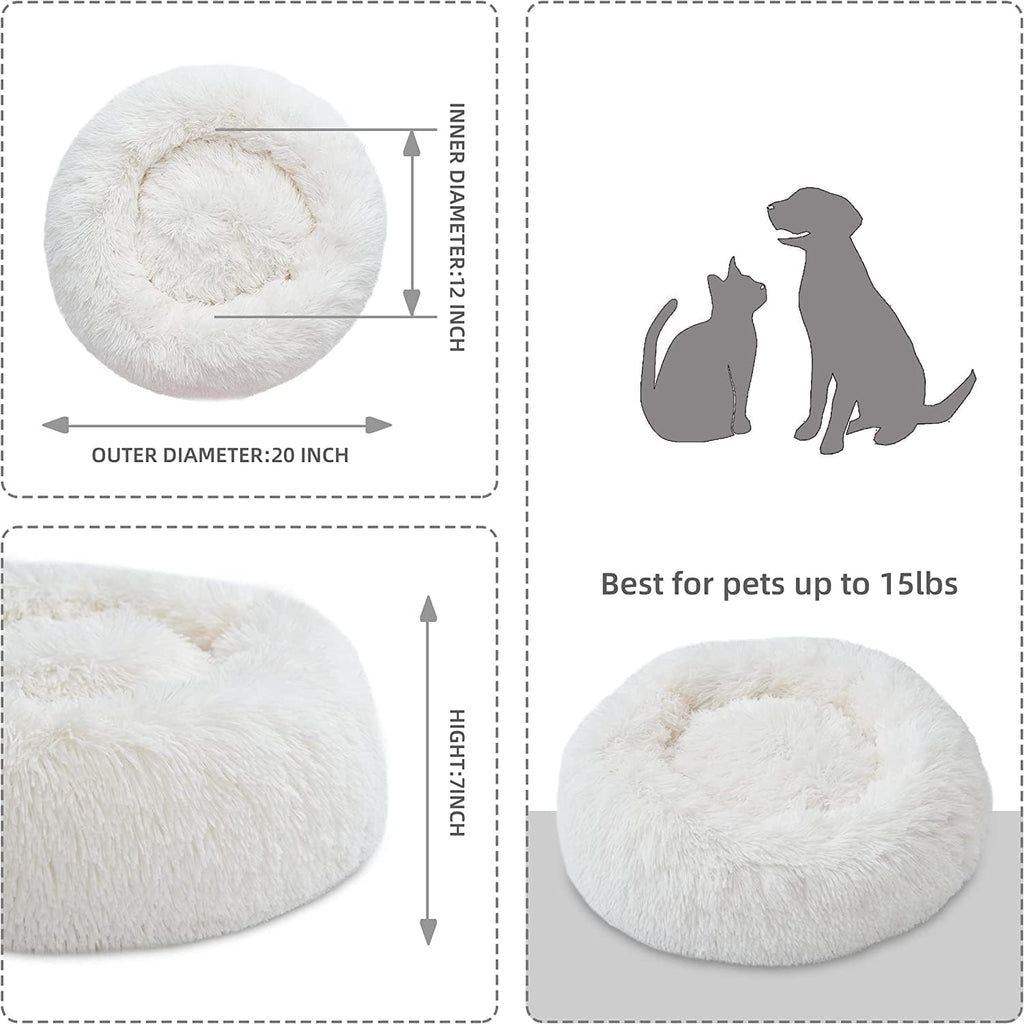 Round Fluffy Plush Faux Fur Pet Bed for Cats and Small Dogs – 24 Inches, Washable, Anti-Anxiety Donut Design