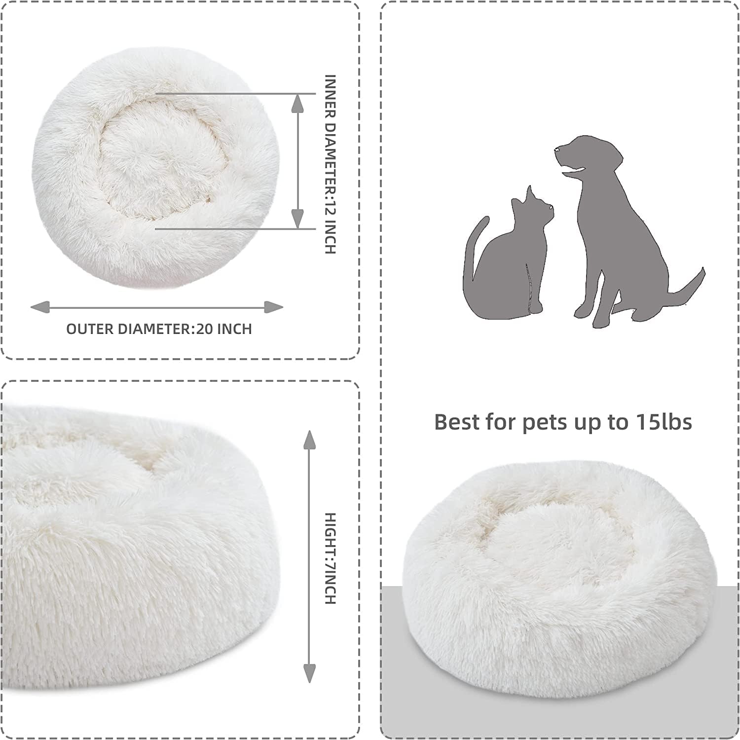 Round Fluffy Plush Faux Fur Pet Bed for Cats and Small Dogs – 24 Inches, Washable, Anti-Anxiety Donut Design