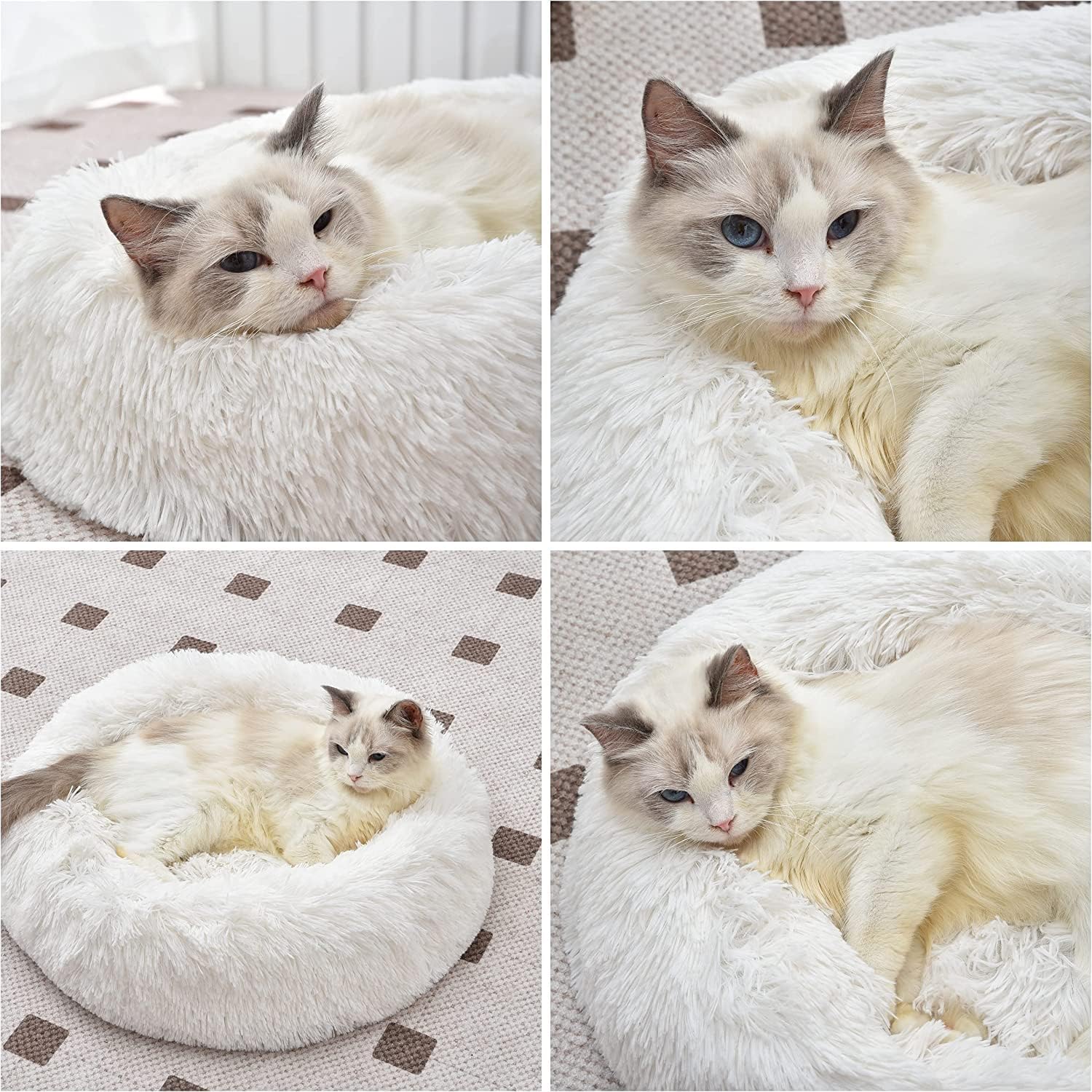 Round Fluffy Plush Faux Fur Pet Bed for Cats and Small Dogs – 24 Inches, Washable, Anti-Anxiety Donut Design