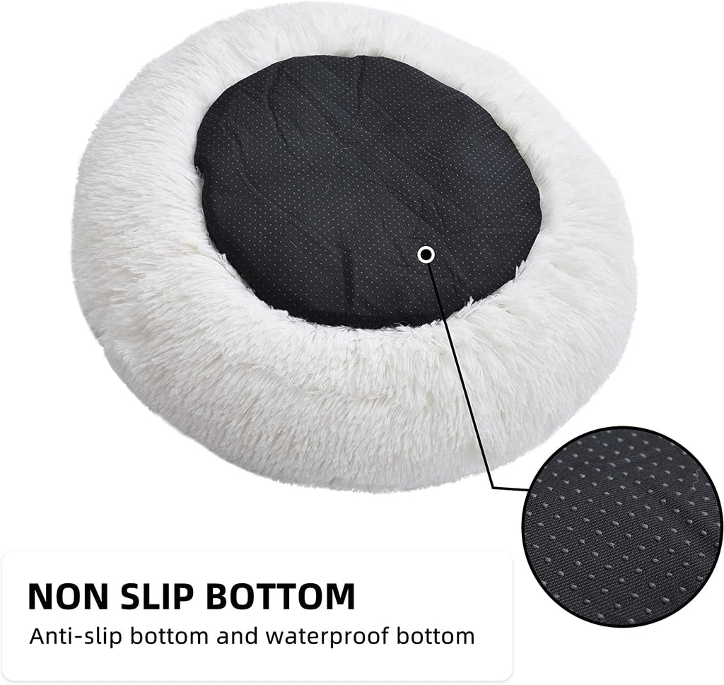 Round Fluffy Plush Faux Fur Pet Bed for Cats and Small Dogs – 24 Inches, Washable, Anti-Anxiety Donut Design