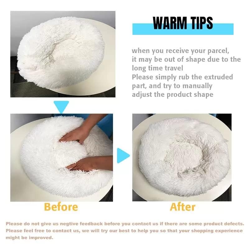 Round Fluffy Plush Faux Fur Pet Bed for Cats and Small Dogs – 24 Inches, Washable, Anti-Anxiety Donut Design