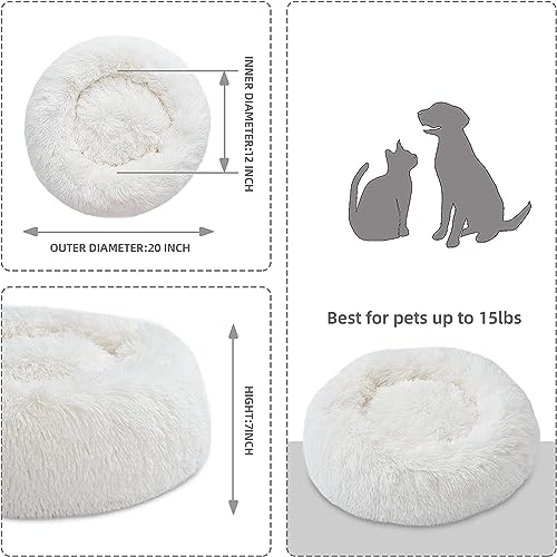Round Fluffy Plush Faux Fur Pet Bed for Cats and Small Dogs – 24 Inches, Washable, Anti-Anxiety Donut Design
