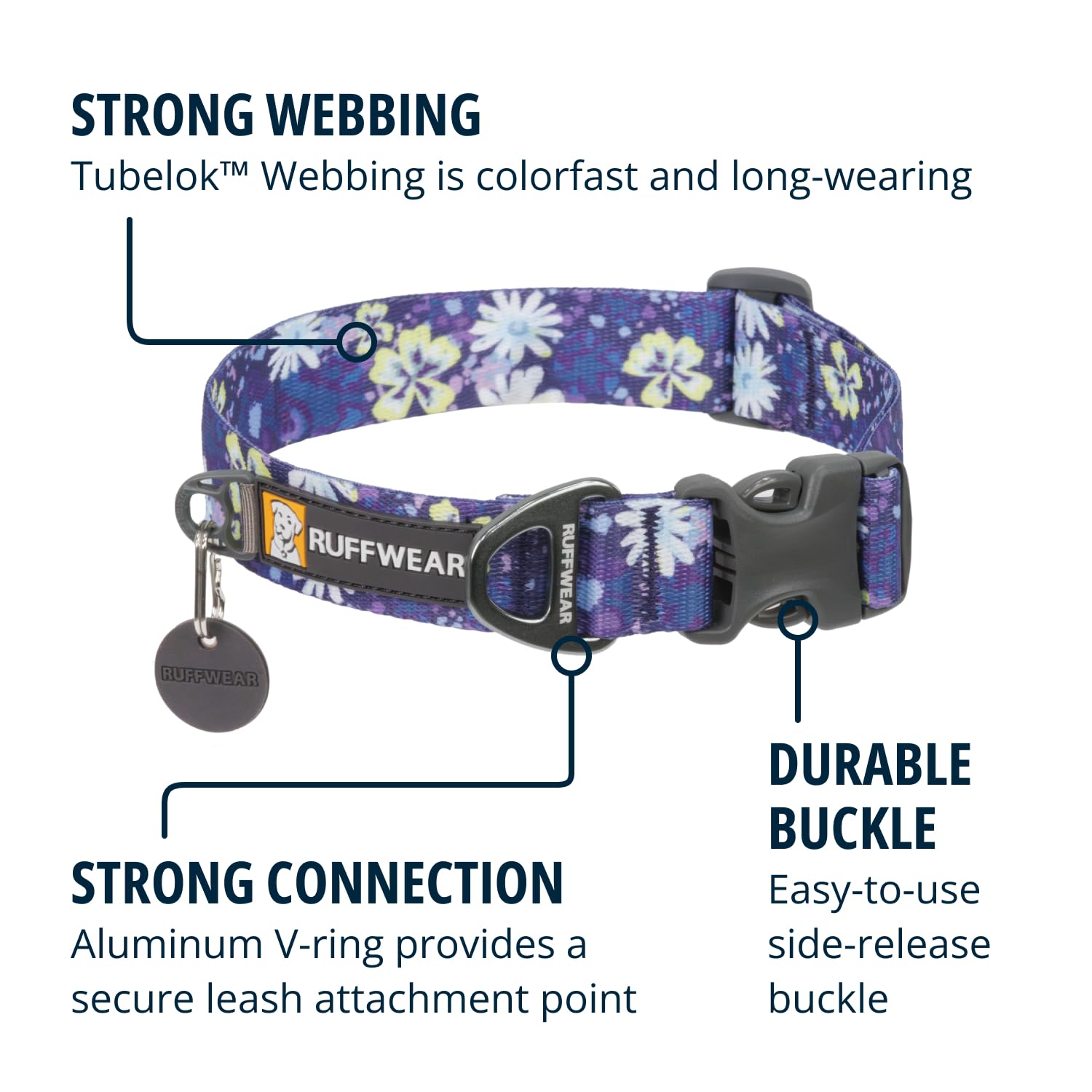 Ruffwear Front Range Dog Collar – Adjustable Tubelok Webbing, Lightweight Side Release Buckle, Aluminum V-Ring, Wildflower (20-26 Inches)