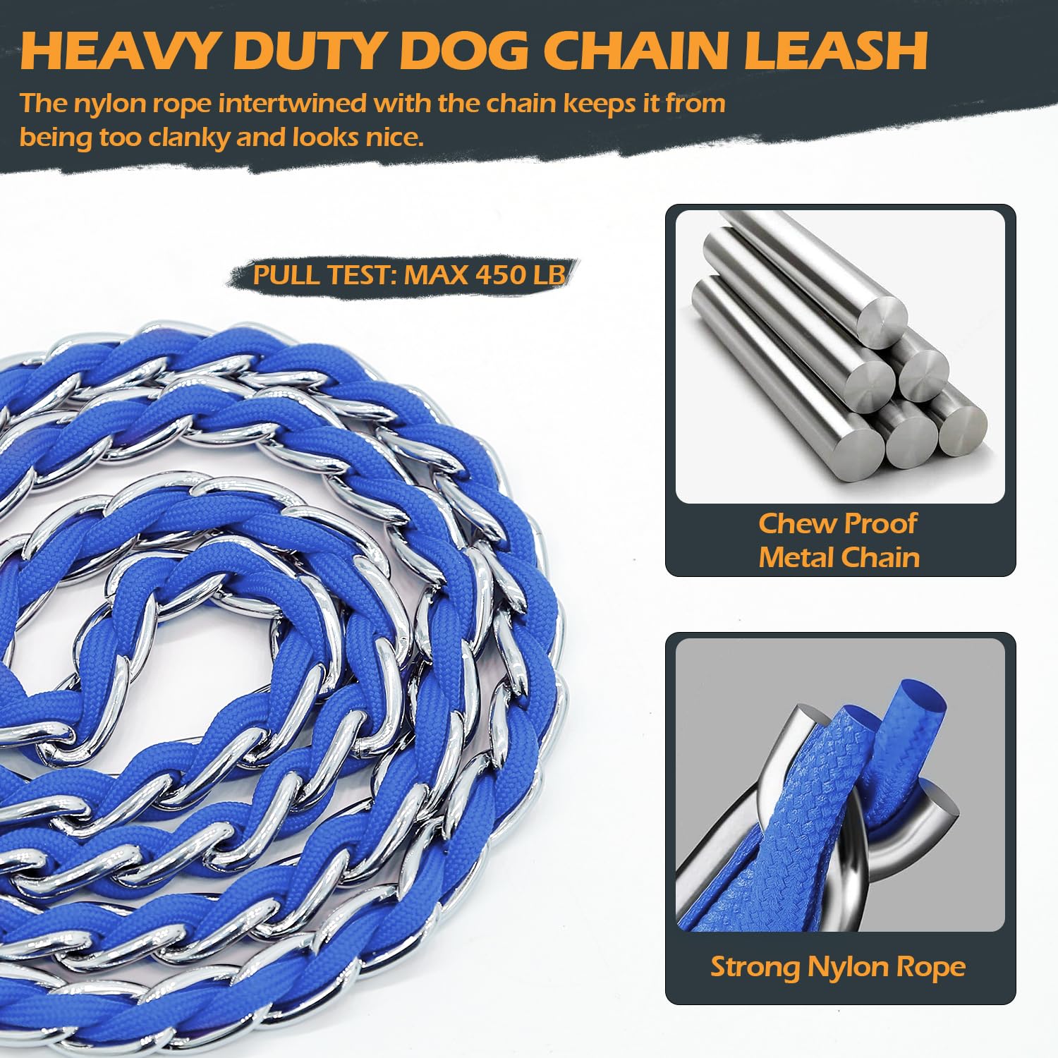 S-ETOVUS Chain Dog Leash 5.2FT Heavy Duty Metal Anti Chew Leash for Medium Large Dogs, Blue