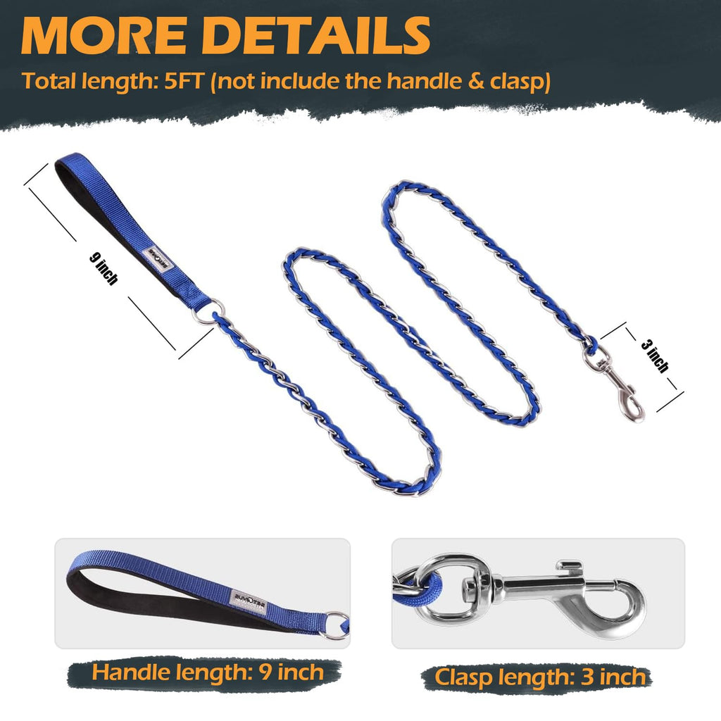 S-ETOVUS Chain Dog Leash 5.2FT Heavy Duty Metal Anti Chew Leash for Medium Large Dogs, Blue