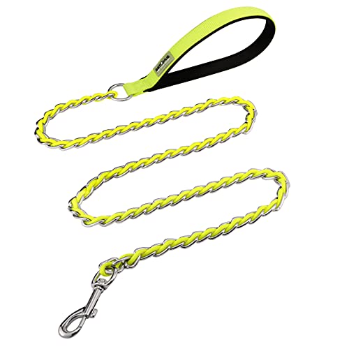 S-ETOVUS Chew Proof Metal Dog Leash - 5.2FT Heavy Duty Chain Leash for Medium to Large Dogs with Soft Padded Handle, Yellow