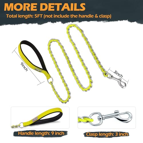 S-ETOVUS Chew Proof Metal Dog Leash - 5.2FT Heavy Duty Chain Leash for Medium to Large Dogs with Soft Padded Handle, Yellow