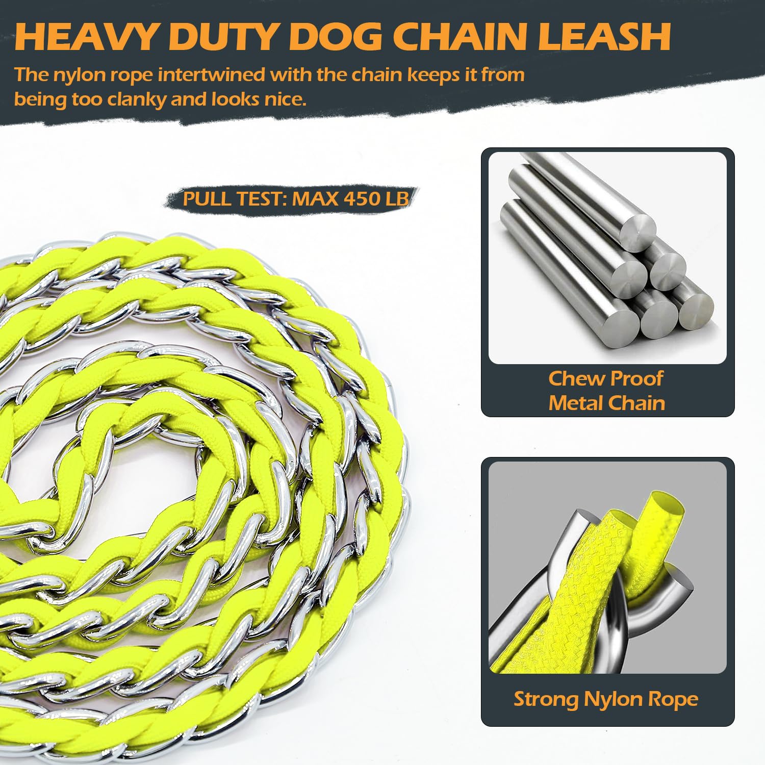 S-ETOVUS Chew Proof Metal Dog Leash - 5.2FT Heavy Duty Chain Leash for Medium to Large Dogs with Soft Padded Handle, Yellow