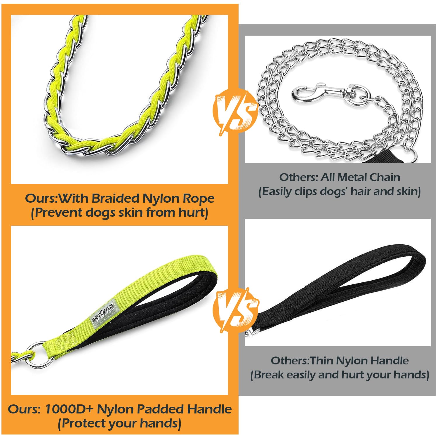 S-ETOVUS Chew Proof Metal Dog Leash - 5.2FT Heavy Duty Chain Leash for Medium to Large Dogs with Soft Padded Handle, Yellow