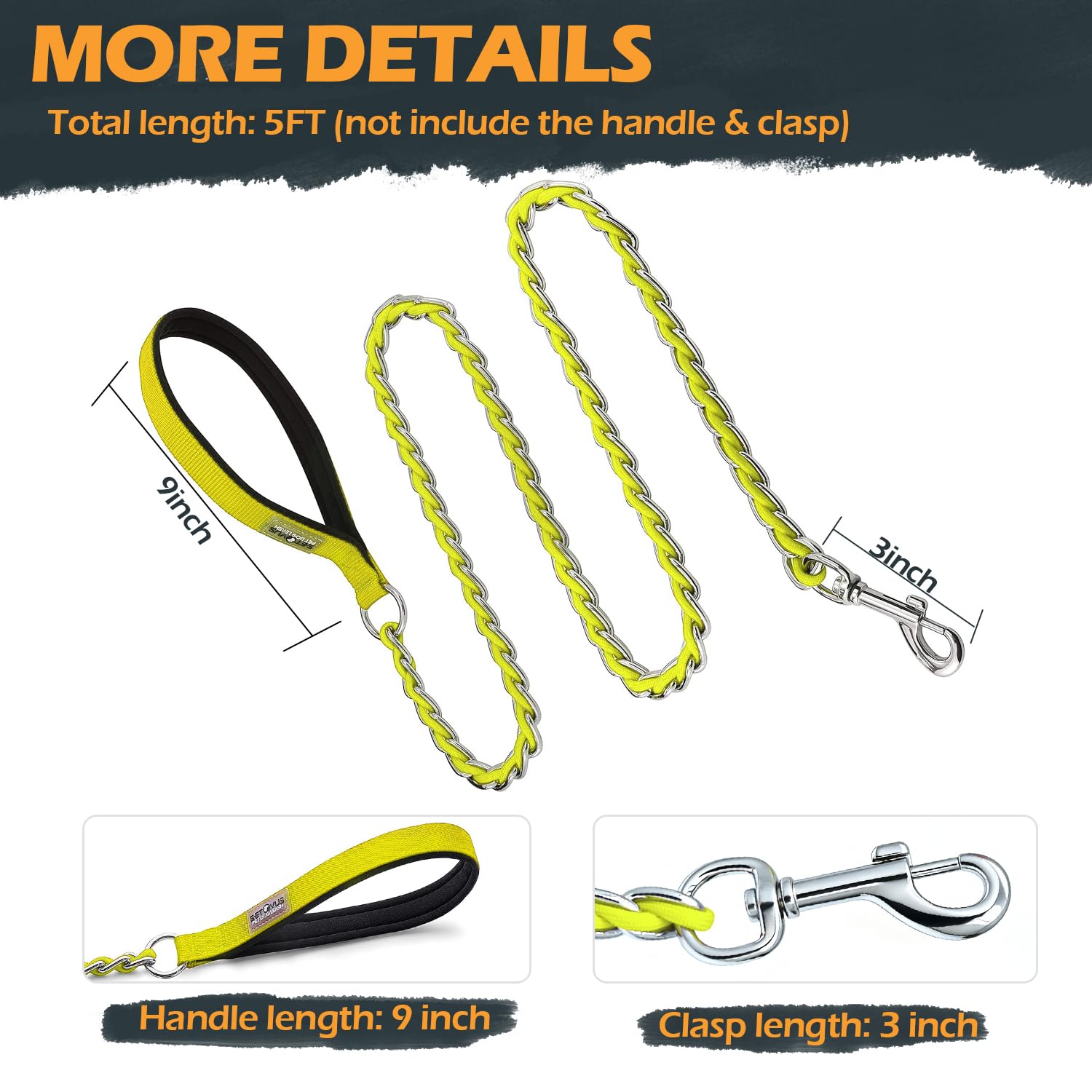 S-ETOVUS Chew Proof Metal Dog Leash - 5.2FT Heavy Duty Chain Leash for Medium to Large Dogs with Soft Padded Handle, Yellow