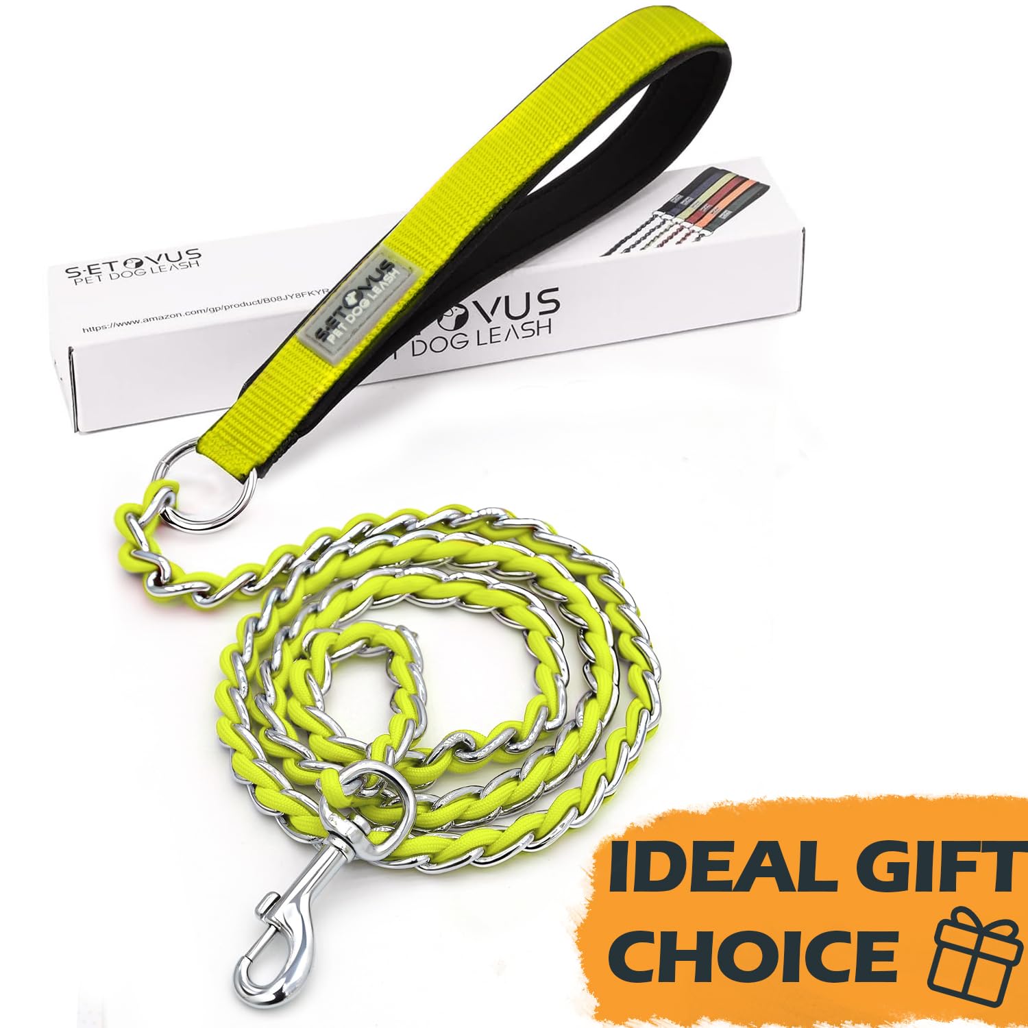 S-ETOVUS Chew Proof Metal Dog Leash - 5.2FT Heavy Duty Chain Leash for Medium to Large Dogs with Soft Padded Handle, Yellow