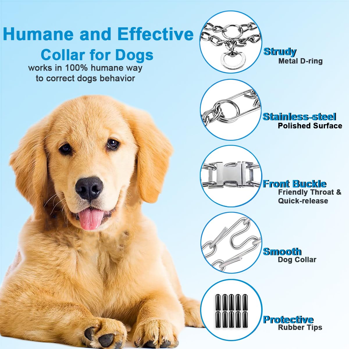 Safiman Prong Dog Collar – Stainless Steel Pinch Collar with Rubber Tips & Quick Release Buckle, Adjustable for Small to Extra-Large Dogs (Includes 2 Extra Links)