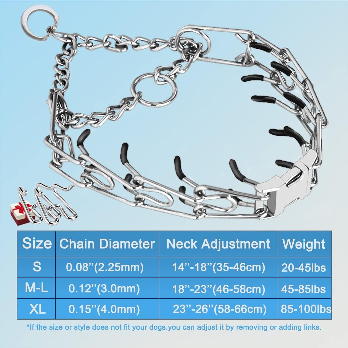 Safiman Prong Dog Collar – Stainless Steel Pinch Collar with Rubber Tips & Quick Release Buckle, Adjustable for Small to Extra-Large Dogs (Includes 2 Extra Links)