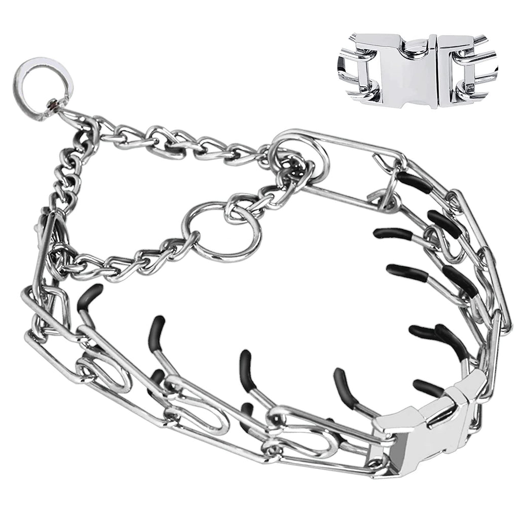 Safiman Prong Dog Collar with Quick Release Buckle – Adjustable No-Pull Training Collar for Small to Extra-Large Dogs (Silver, Stainless Steel, Includes Extra Links & Rubber Caps)
