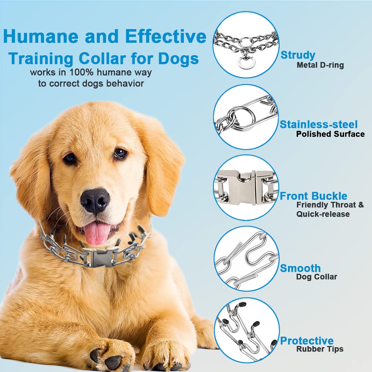 Safiman Prong Dog Collar with Quick Release Buckle – Adjustable No-Pull Training Collar for Small to Extra-Large Dogs (Silver, Stainless Steel, Includes Extra Links & Rubber Caps)